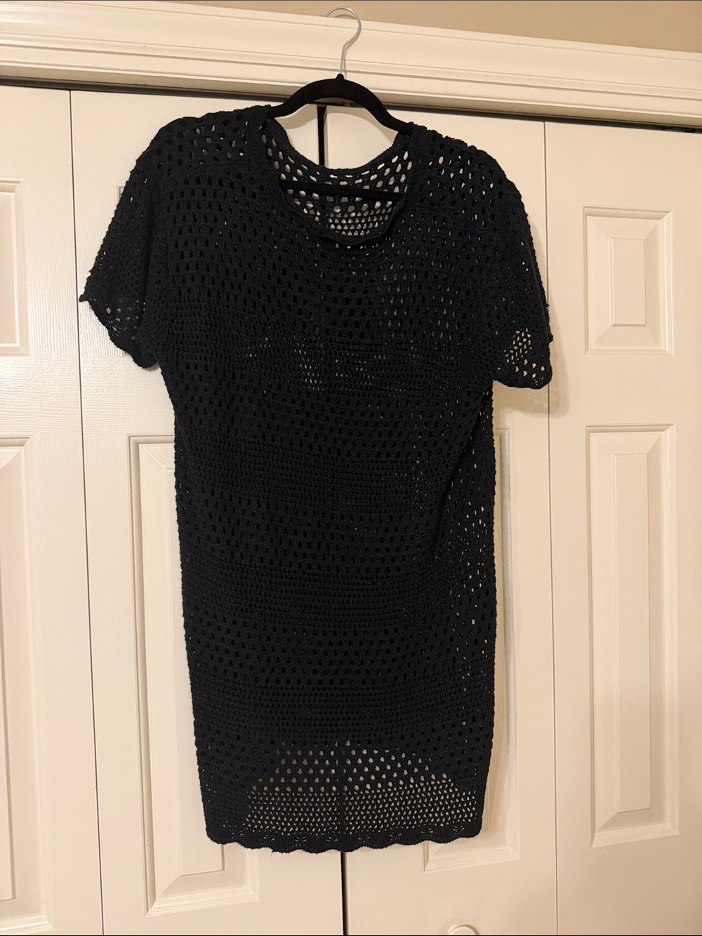 Black Crochet Short-Sleeve Swim Cover-Up Tunic